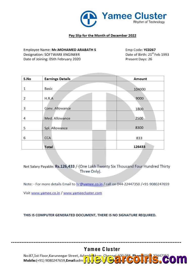 Yamee Cluster software company payslip 2
